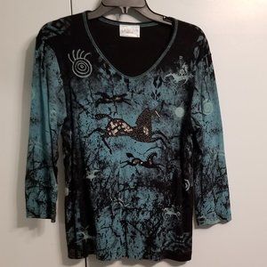 Cactus Bay V neck Medium Shirt Black & Turquoise with horses